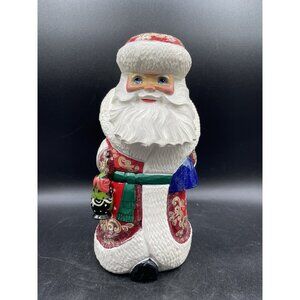 RUSSIAN HAND CARVED PAINTED WOOD SANTA CLAUS HOLDING DOLL CEPZUEB NOCAD